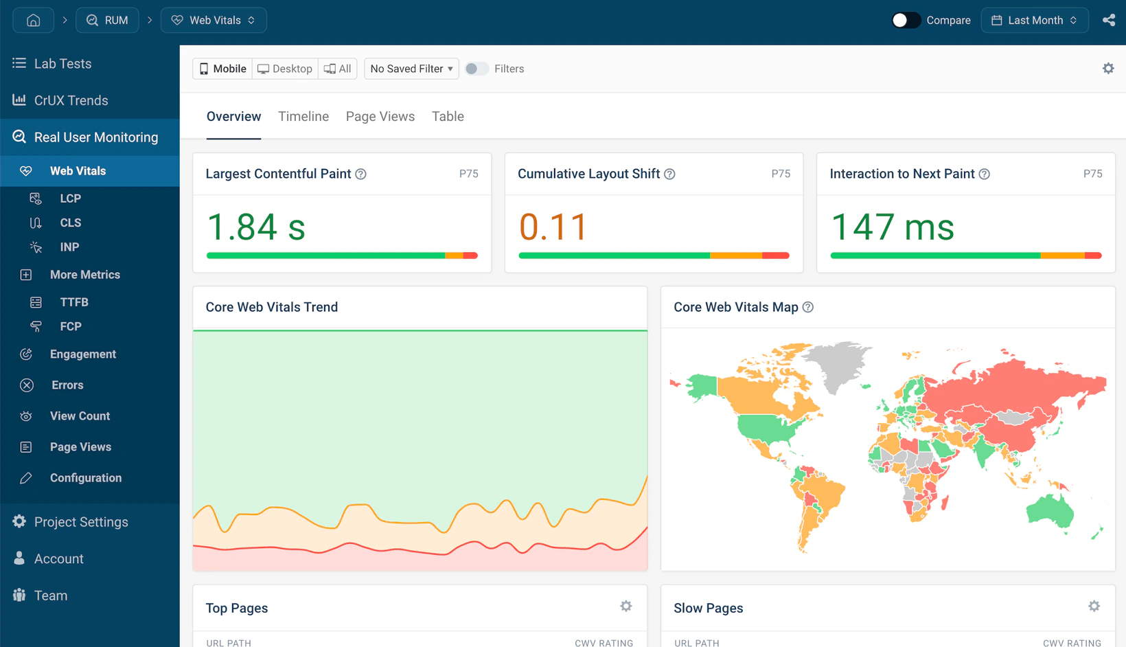 DebugBear real user monitoring overview with LCP, CLS and INP at p75, a Core Web Vitals trend and a world map
