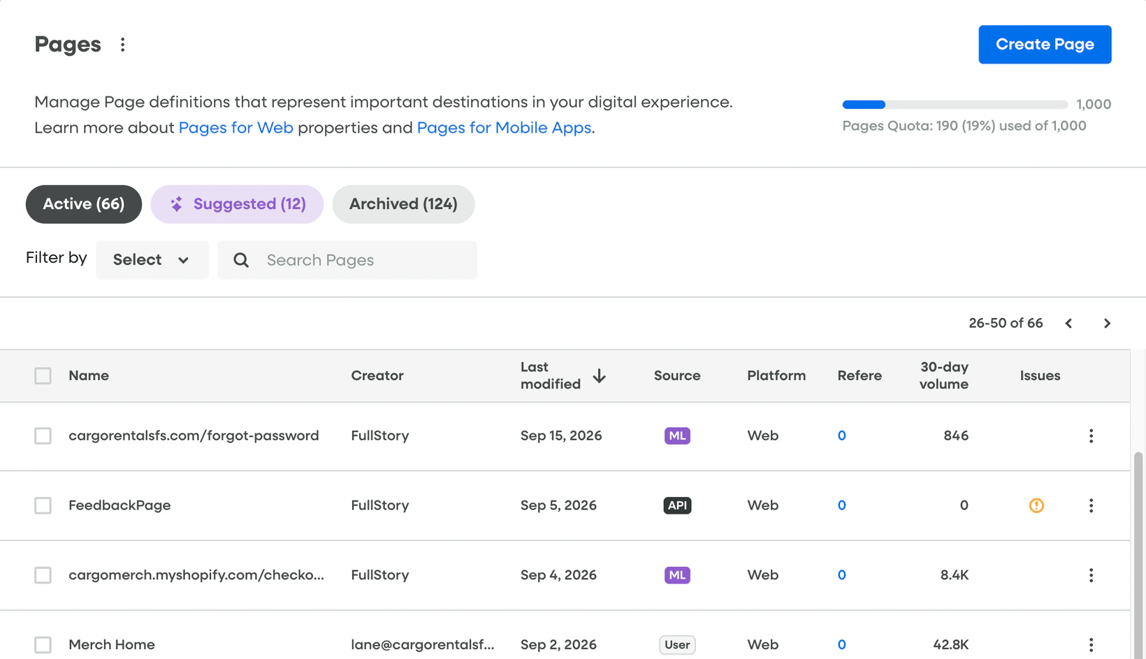 Fullstory Pages list with page definitions, sources, platforms and 30-day volumes
