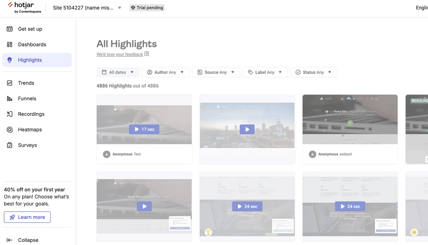 Hotjar Highlights dashboard listing recorded sessions