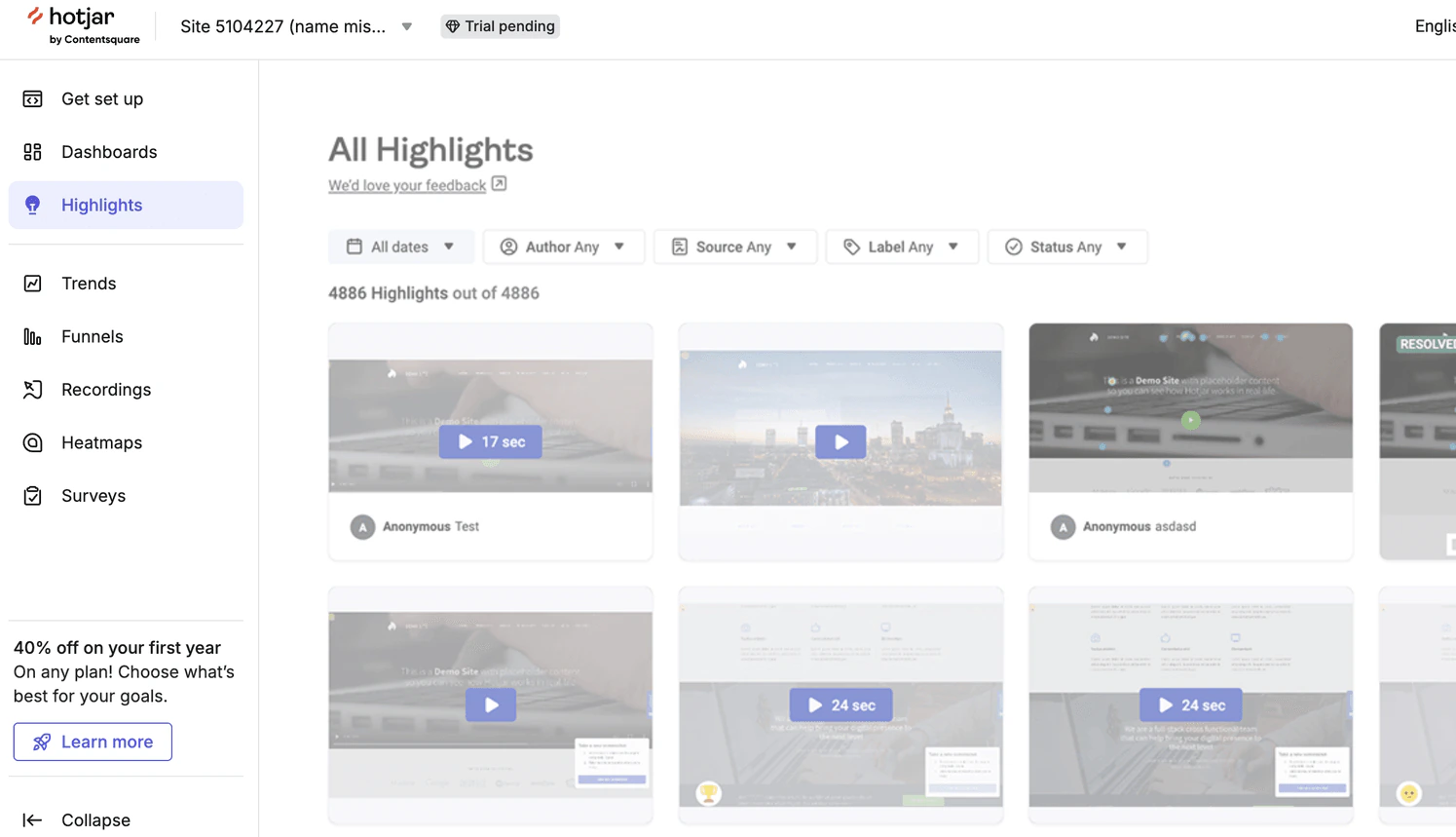 Hotjar Highlights dashboard listing recorded sessions