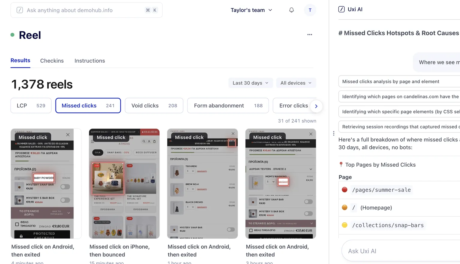 Uxi answering where missed clicks happen, with the pages and counts behind the answer