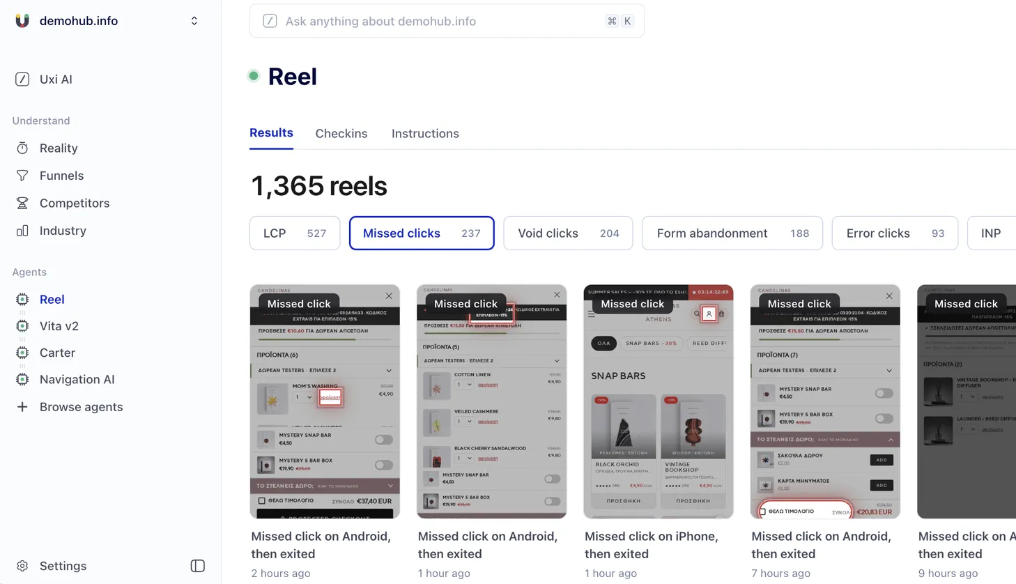 Uxify Reel listing the highest-impact friction moments on a site