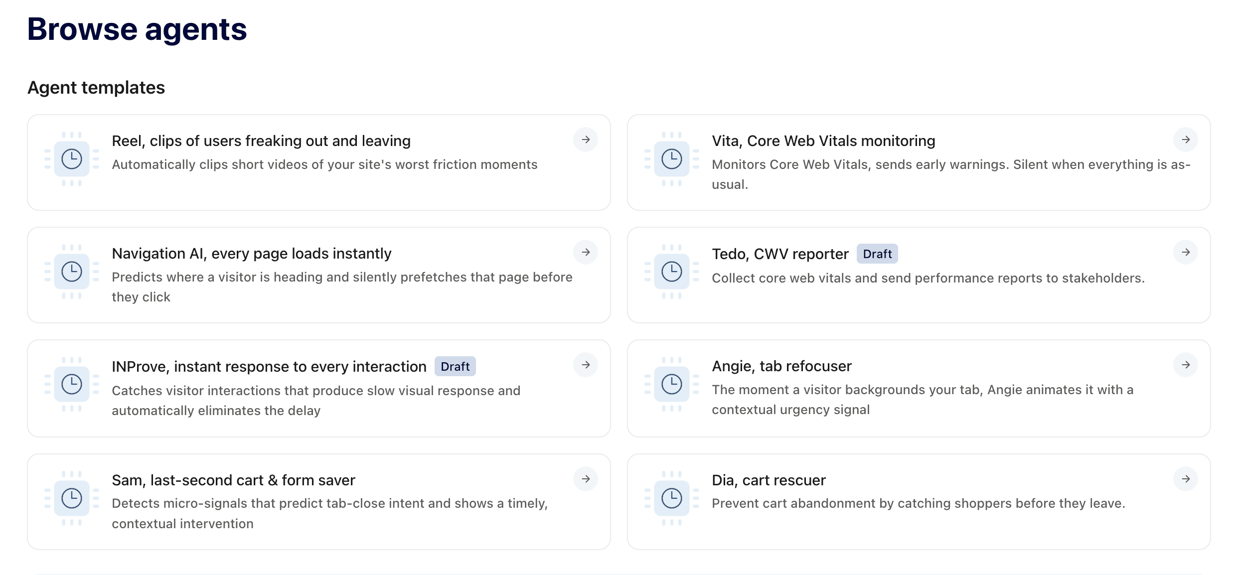 Uxify Browse agents library showing Navigation AI, INProve, Vita and other agentic CRO templates