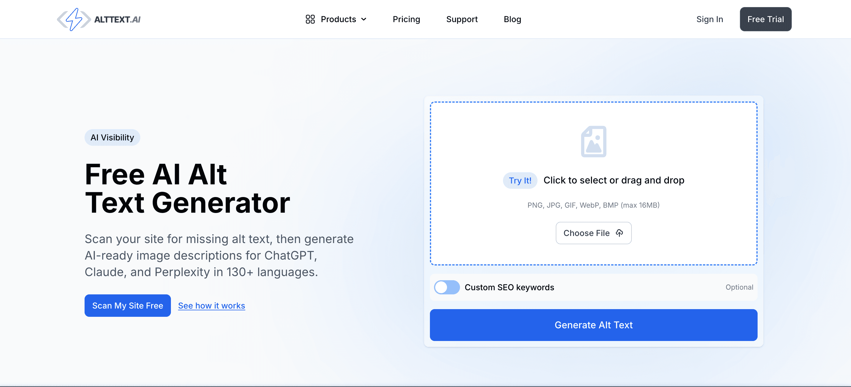 AltText.AI homepage offering a free AI alt text generator for WordPress images
