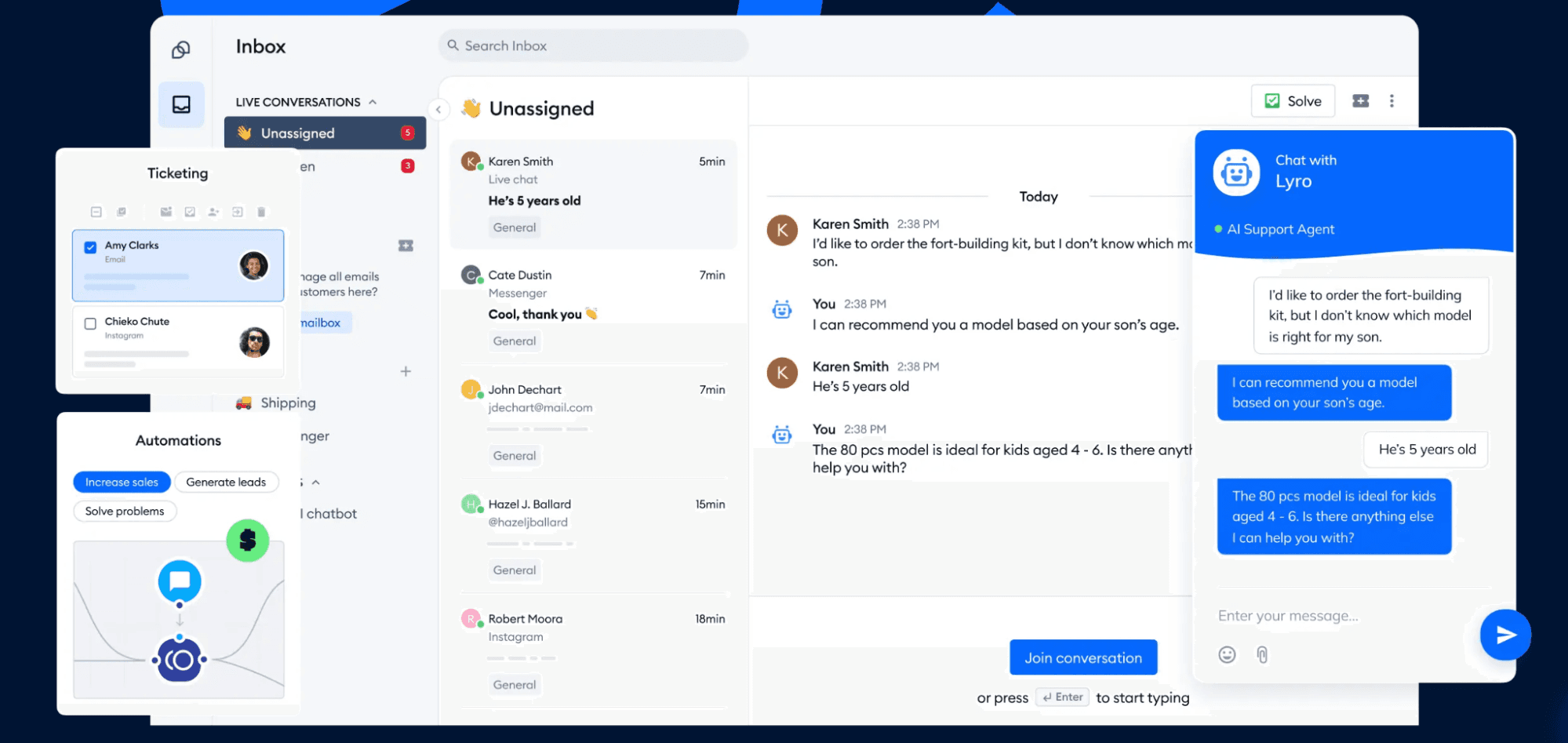 Tidio Lyro AI chatbot handling a customer chat in the support inbox
