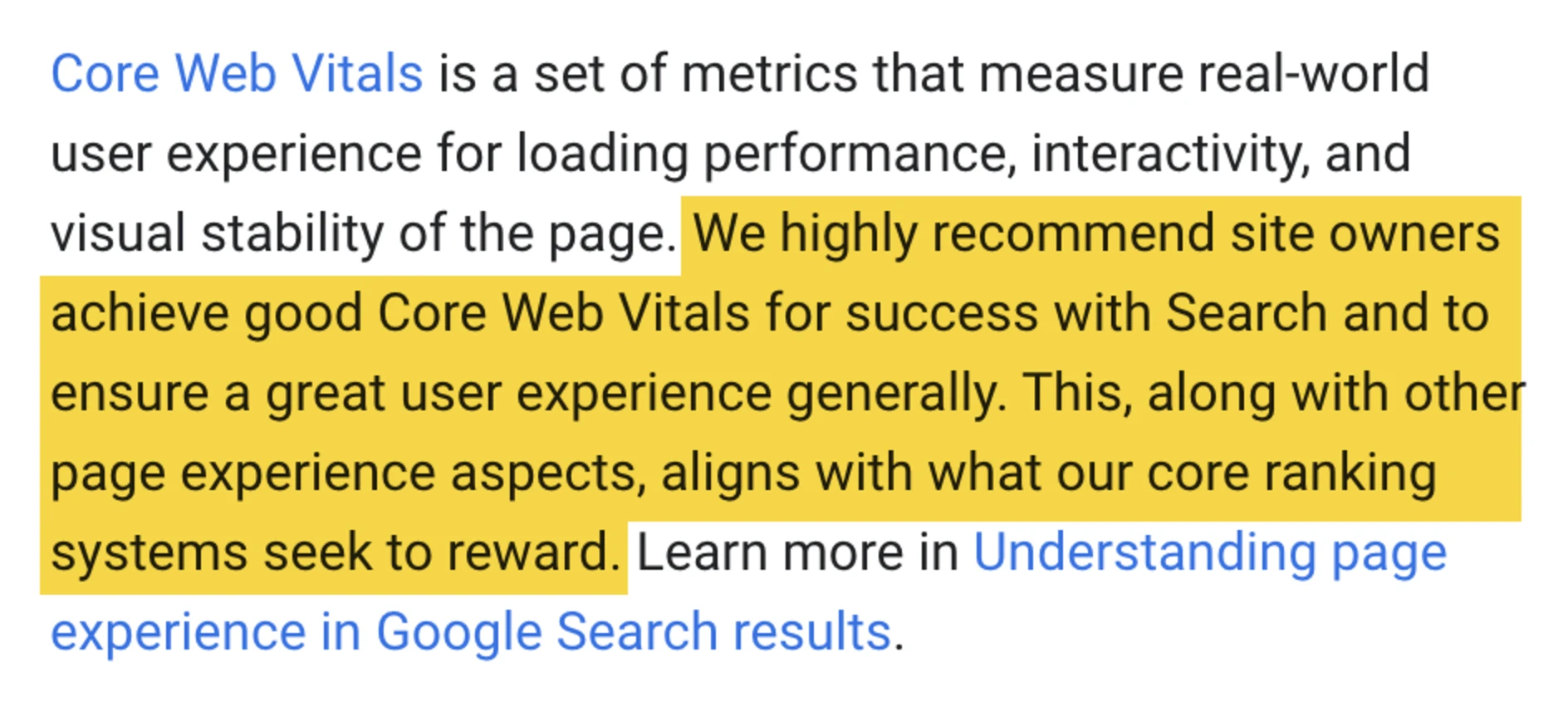 Google Search Central recommendation that site owners achieve good Core Web Vitals for ranking