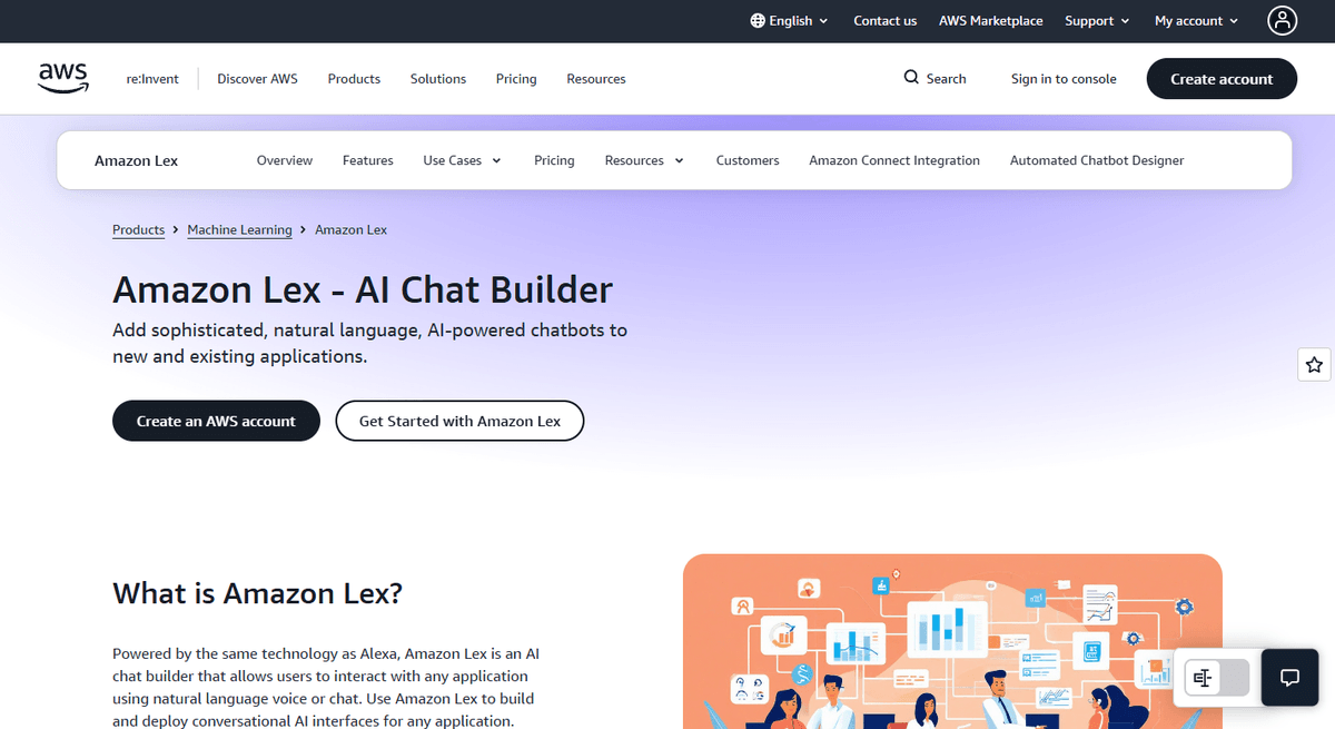 Amazon Lex AI Chatbot maker product page on AWS