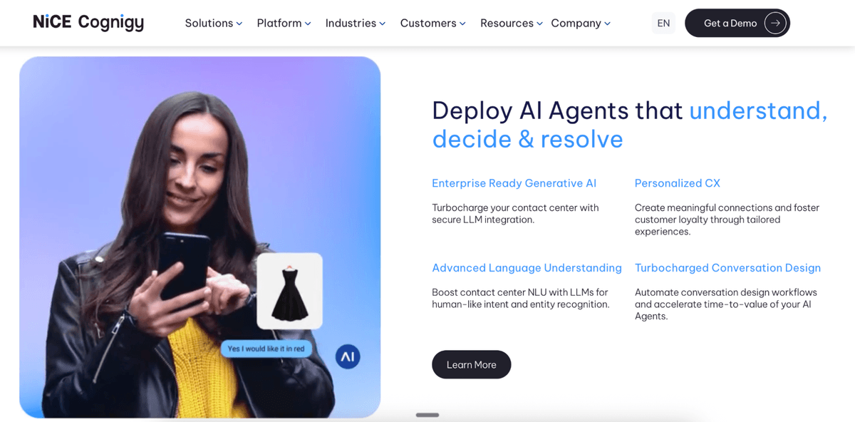 NICE Cognigy homepage showing AI agents for contact center automation