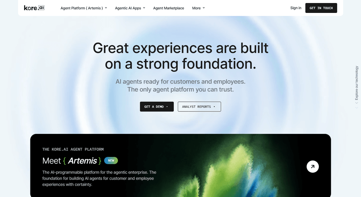 Kore.ai agent platform homepage promoting enterprise AI agents