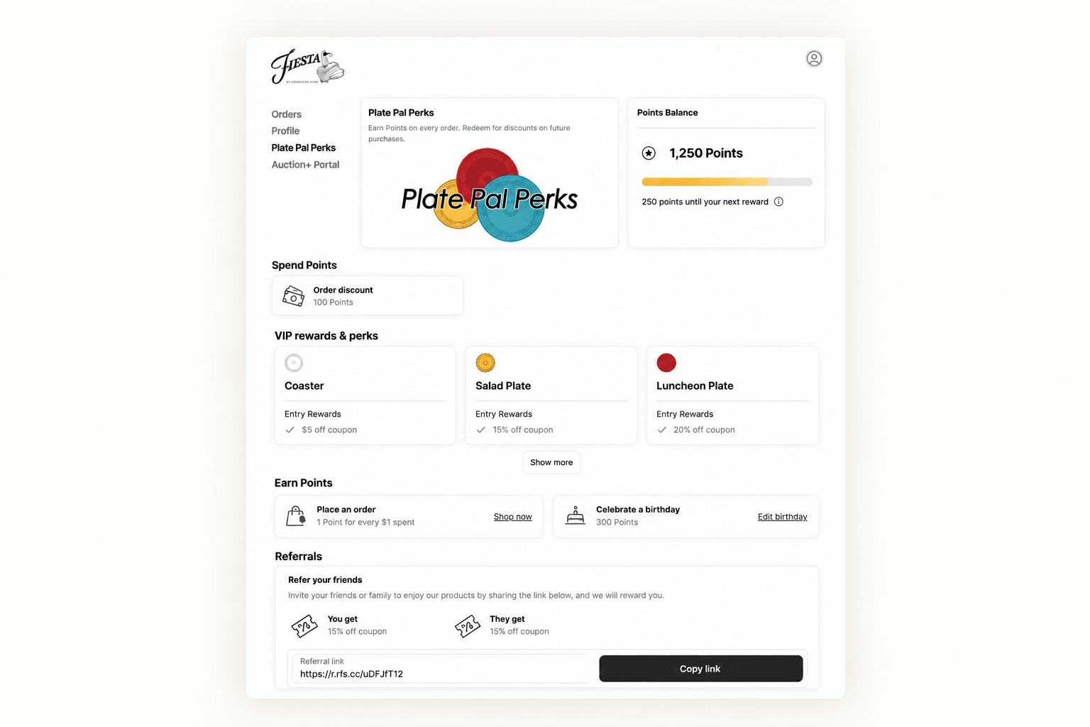 Fiesta Plate Pal Perks loyalty page showing points balance, VIP reward tiers and referral offer