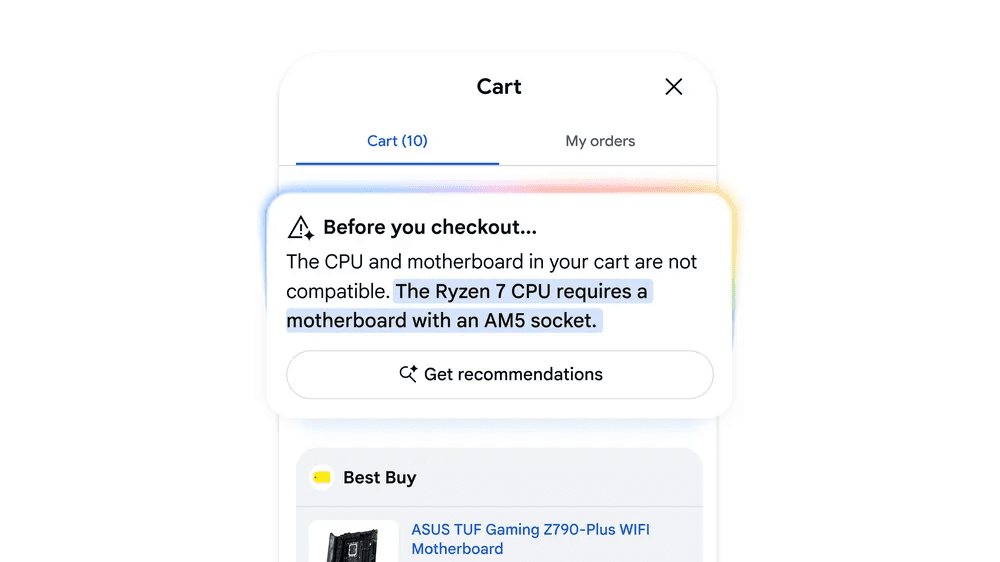 Google Universal Cart UI flagging an incompatible CPU and motherboard with a Get recommendations prompt