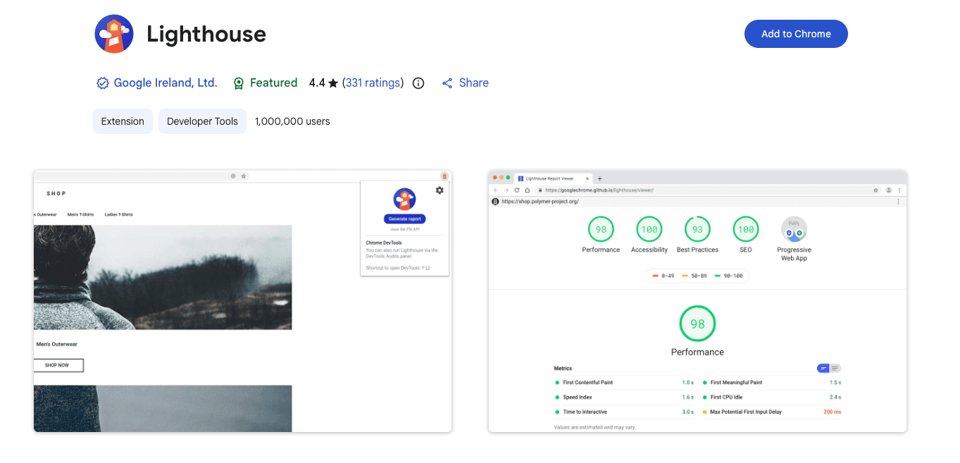 Google Lighthouse Chrome Web Store listing showing extension details and example reports