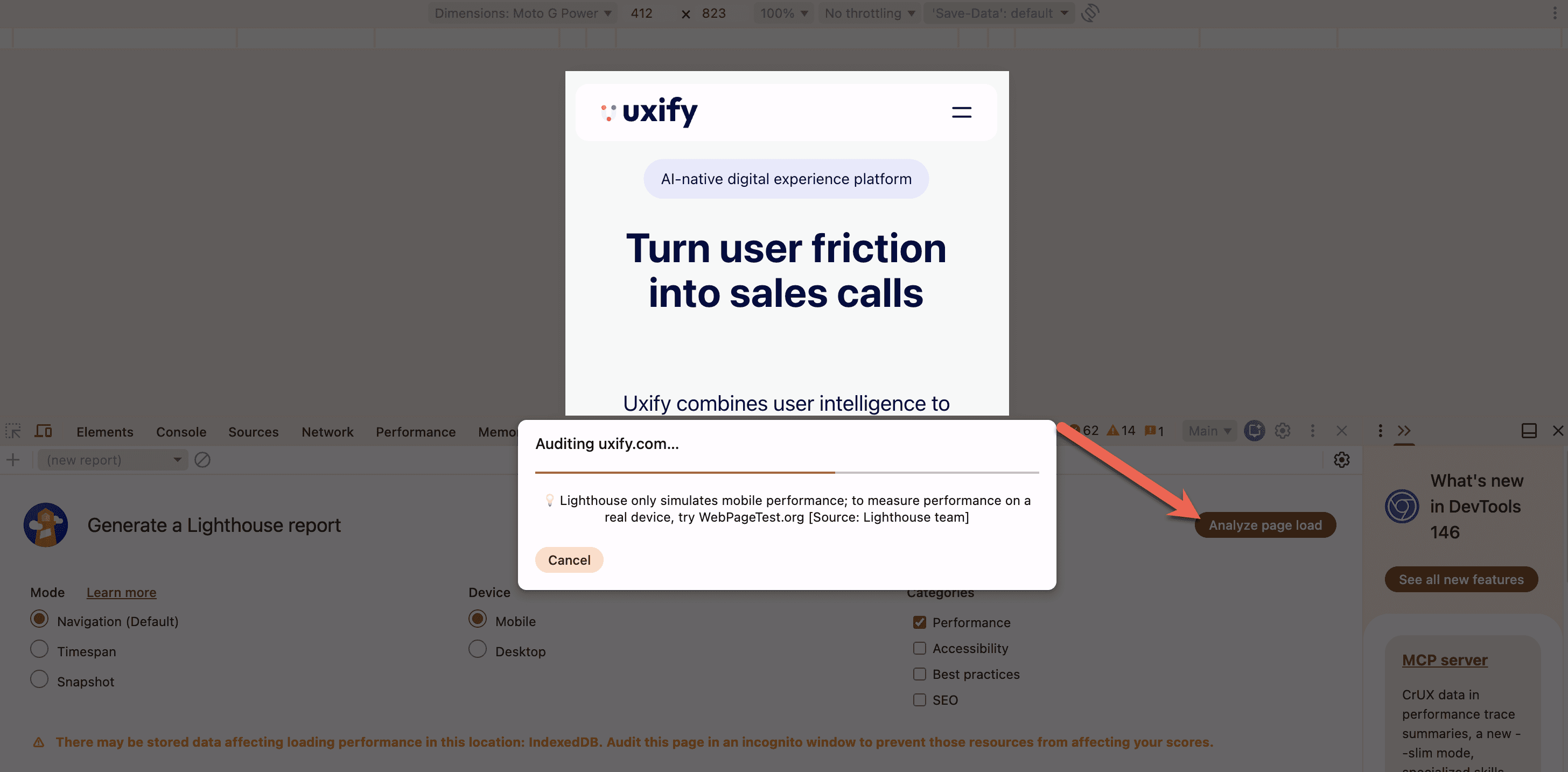Lighthouse auditing uxify.com on mobile with Analyze page load button highlighted