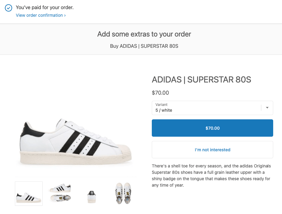 Post-payment offer page presenting an Adidas trainer with a single price button and a decline link