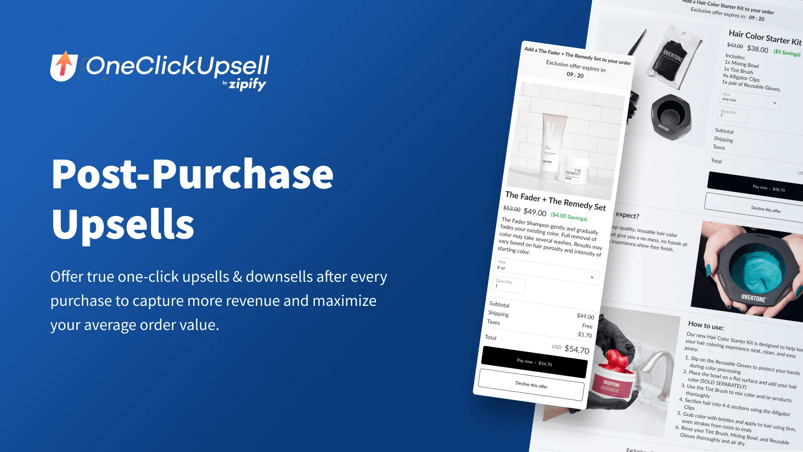 Zipify OCU post-purchase offers adding a discounted shampoo set and hair colour kit after payment