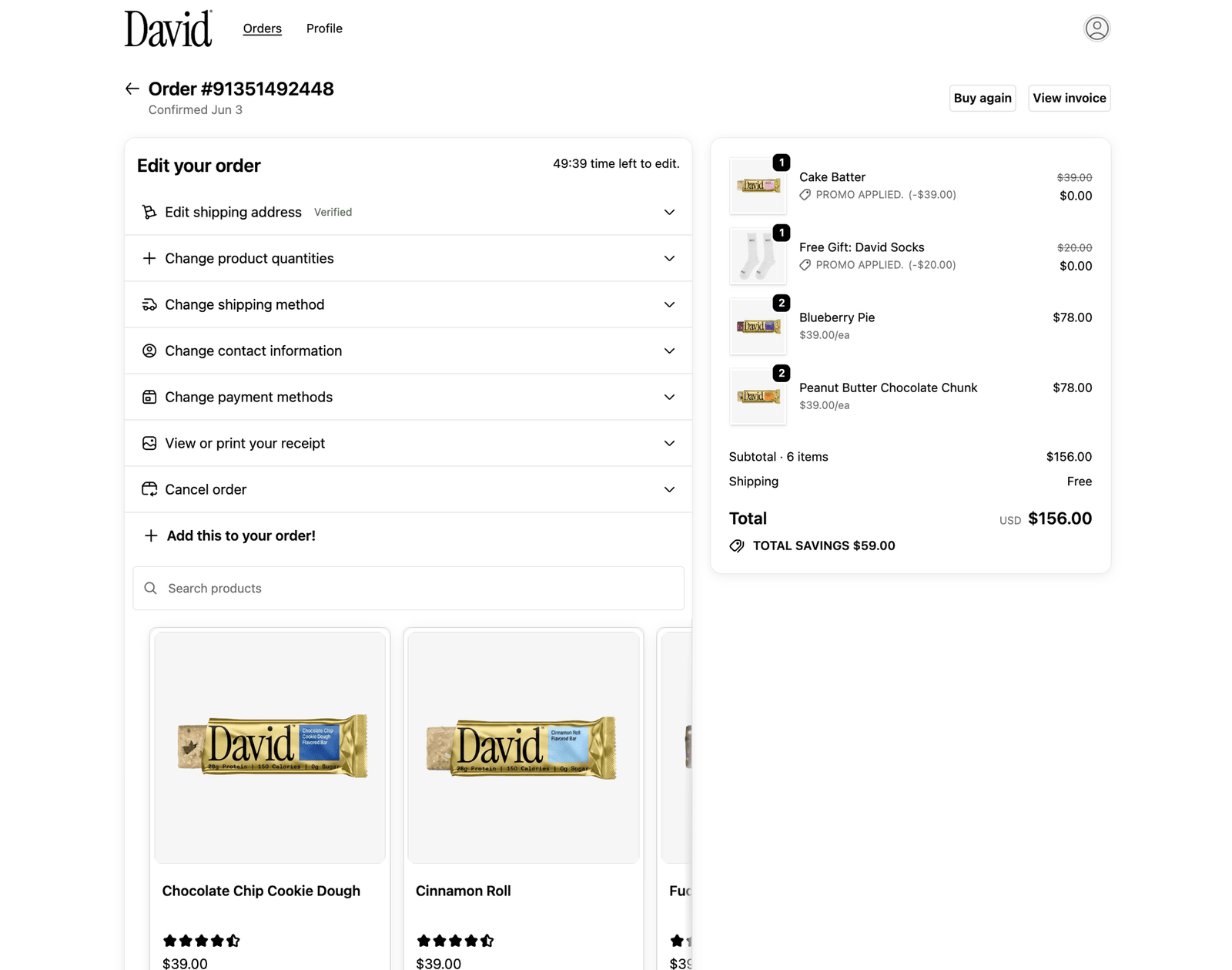 Customer order page with edit options and a product picker to add items to the order