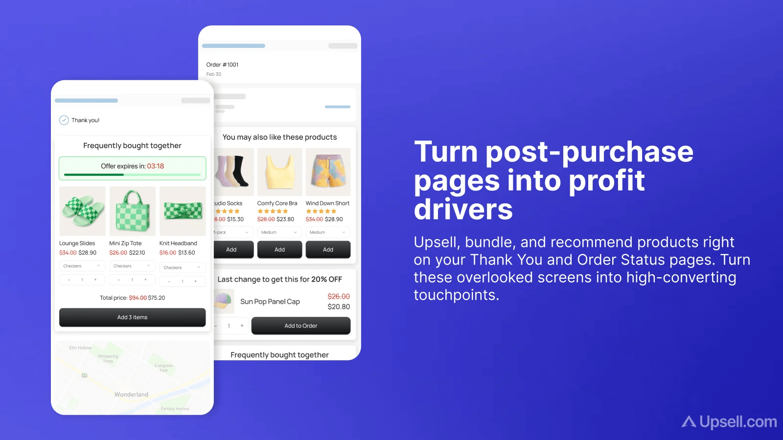 Thank-you and order status screens carrying frequently bought together bundles and a countdown discount