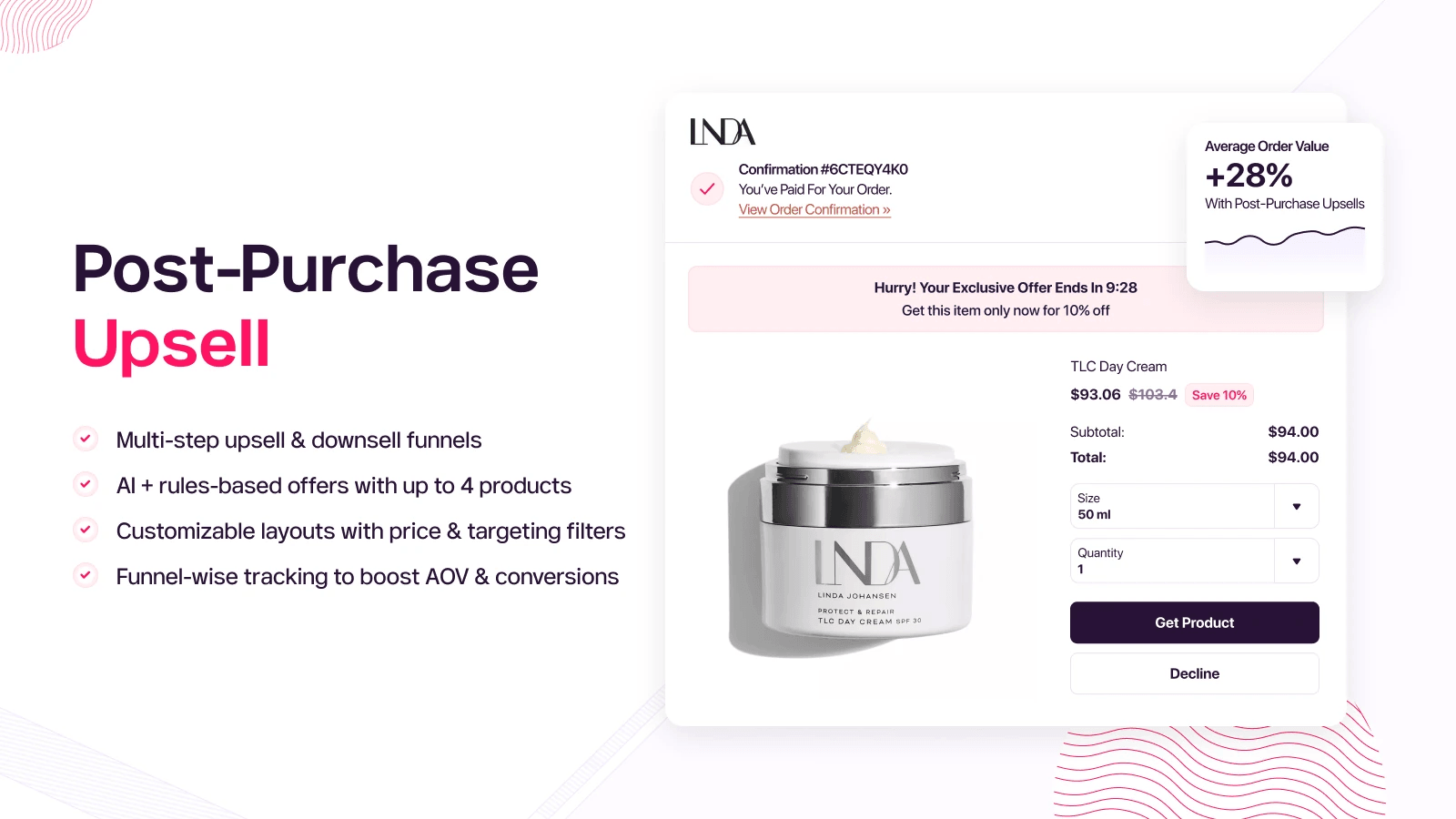 Post-purchase upsell screen offering a discounted day cream with a countdown timer and AOV uplift callout