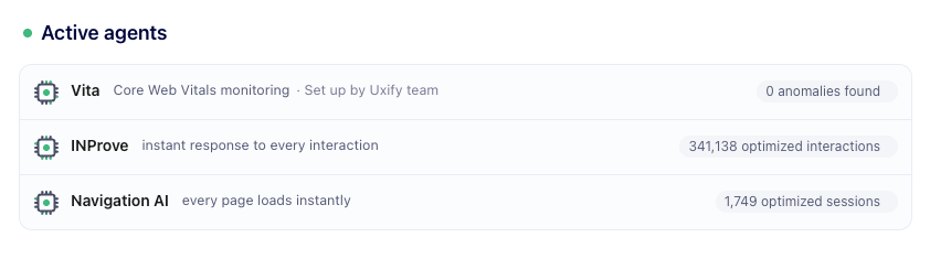 Active agents dashboard listing Vita, INProve and Navigation AI with their totals