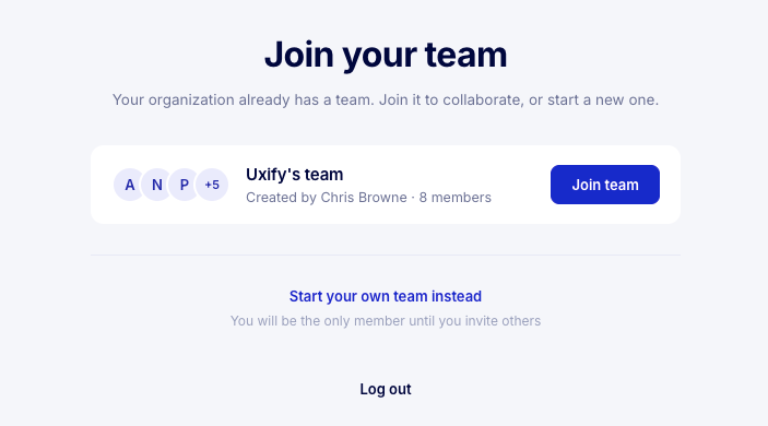 Join your team screen offering a place on an existing Uxify team account