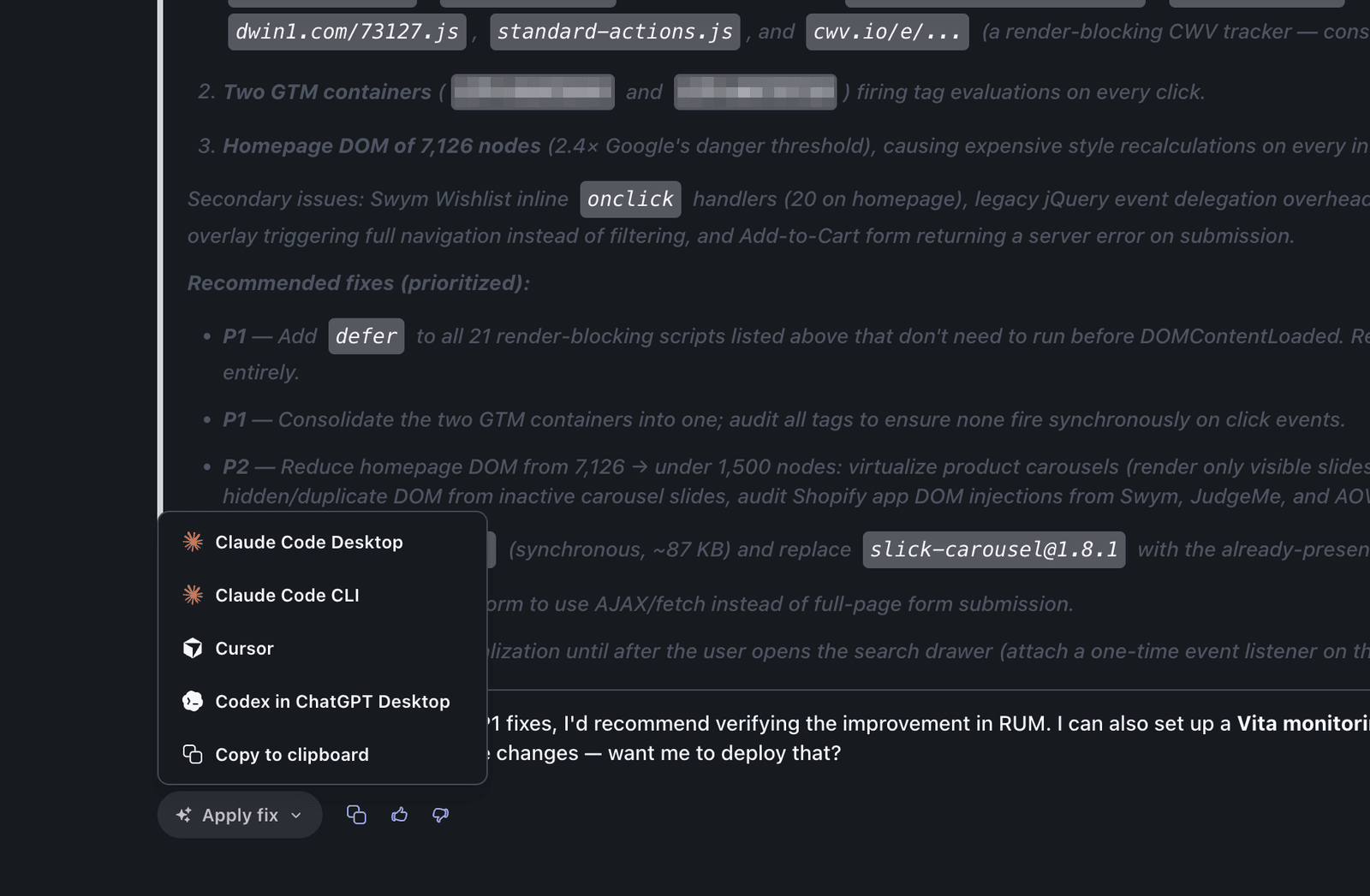 Uxi fix prompt with Apply fix menu for Claude Code, Cursor and Codex