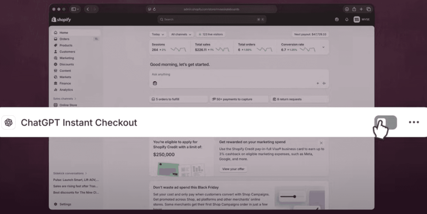 Shopify admin showing ChatGPT Instant Checkout integration in the Sidekick channel