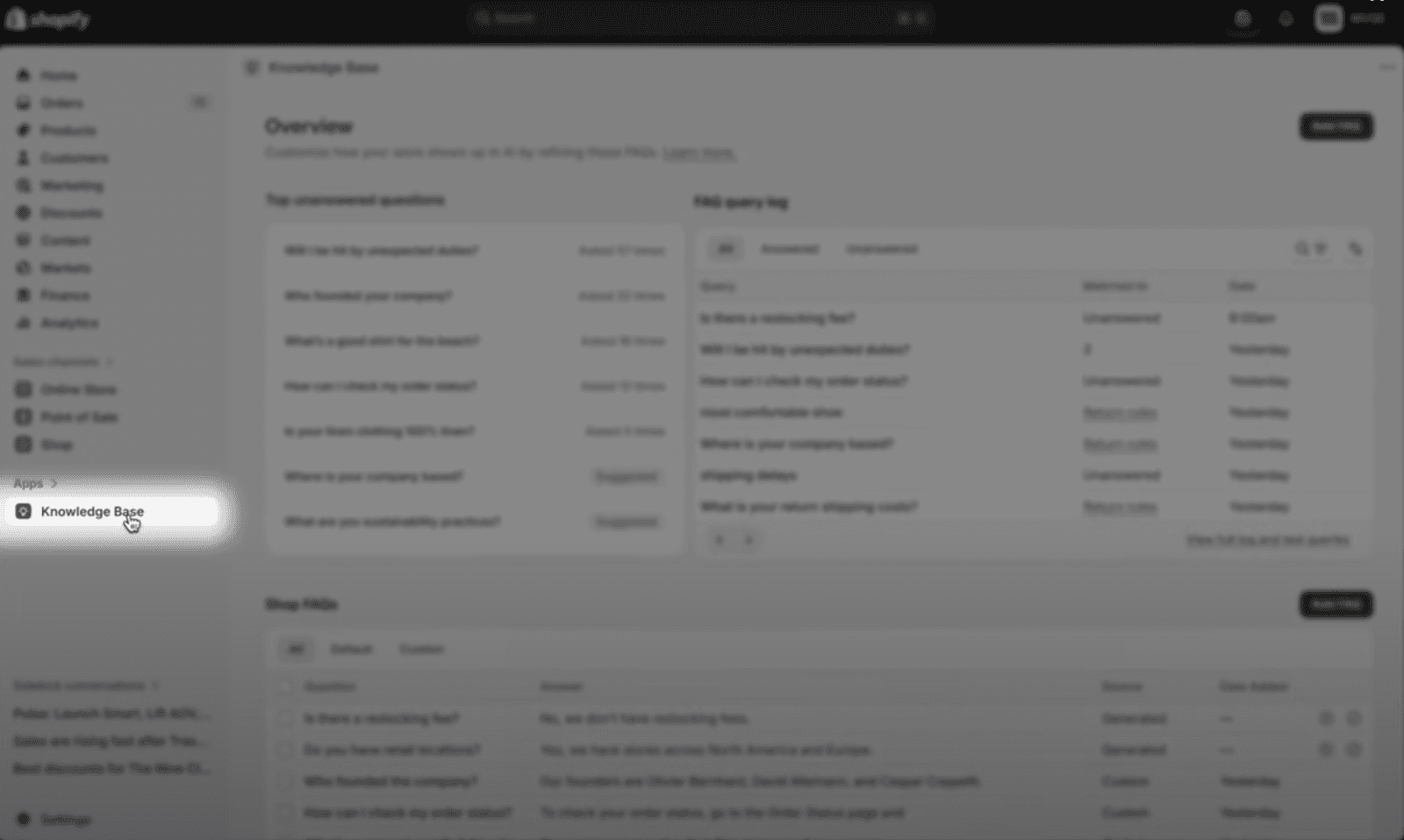 Shopify Knowledge Base showing FAQ query log and unanswered customer questions