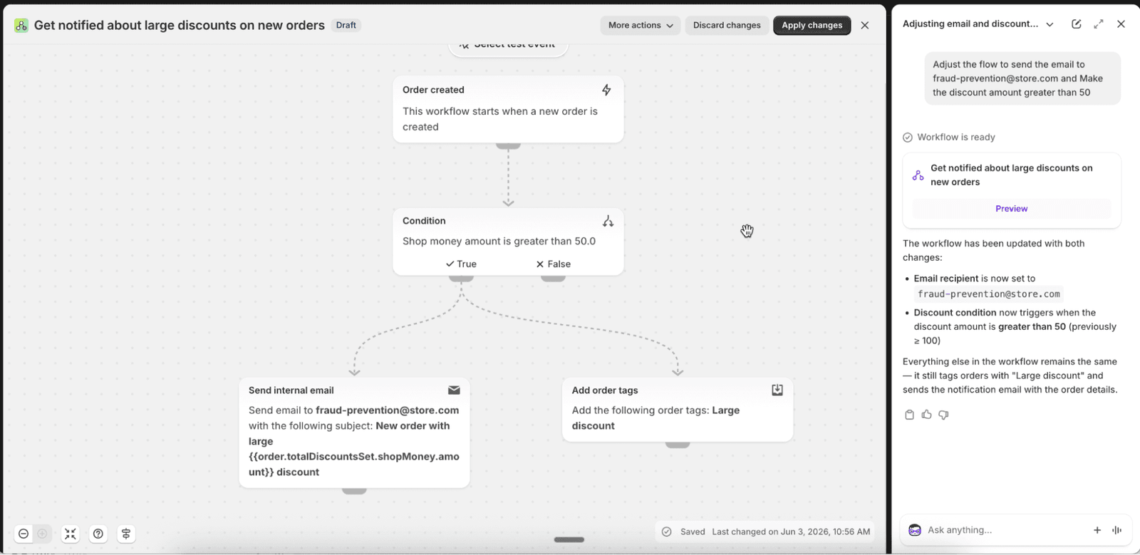 Shopify Flow editor showing a large-discount order workflow edited via Sidekick