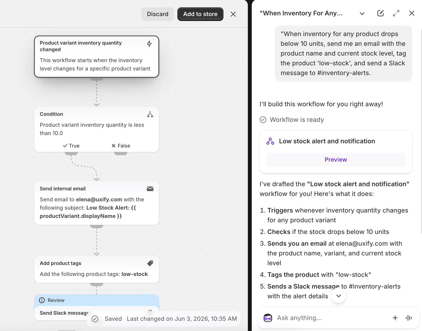 Sidekick building a low-stock alert Shopify Flow from a natural-language prompt