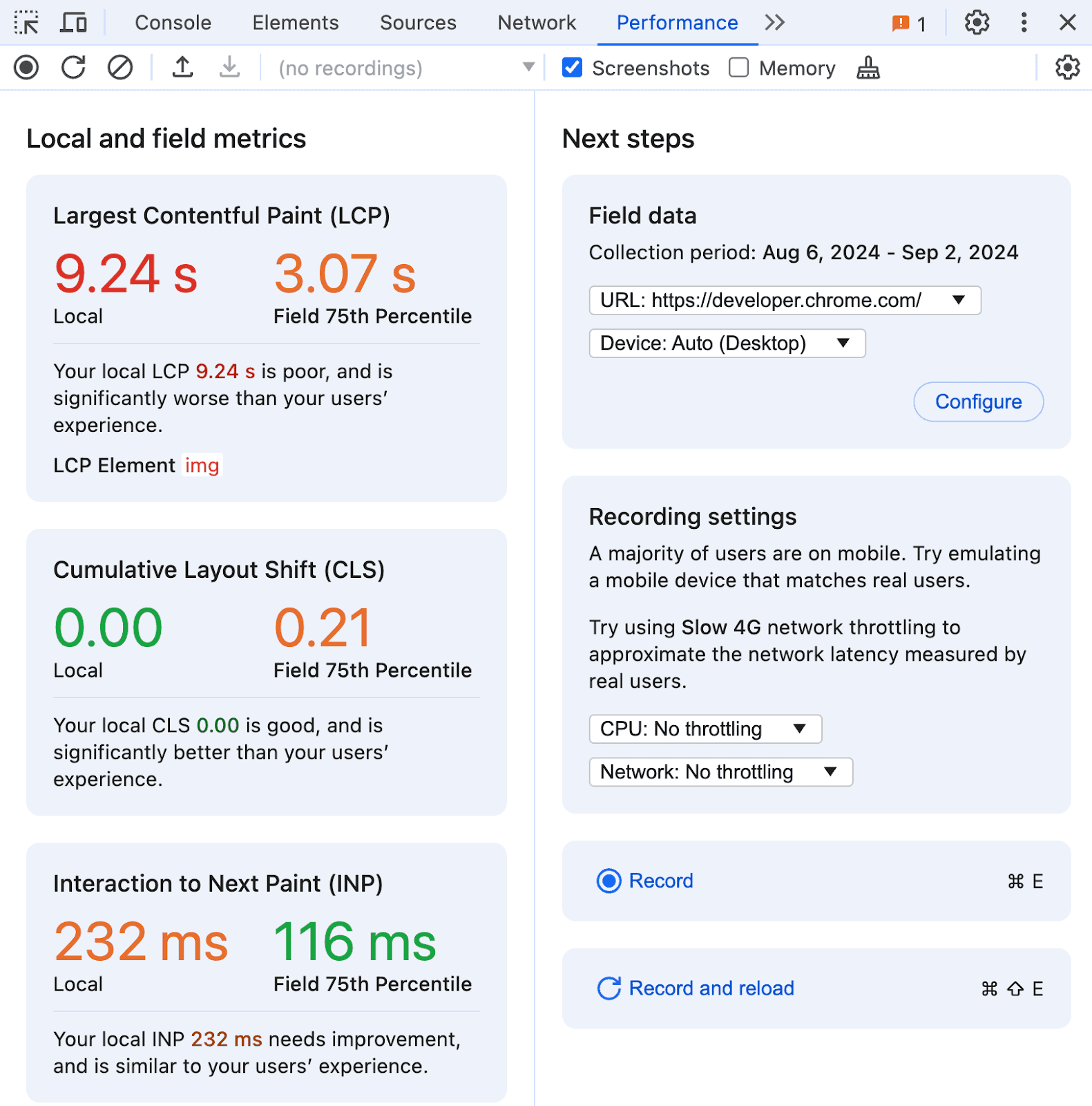 Chrome DevTools Performance panel showing Core Web Vitals scores