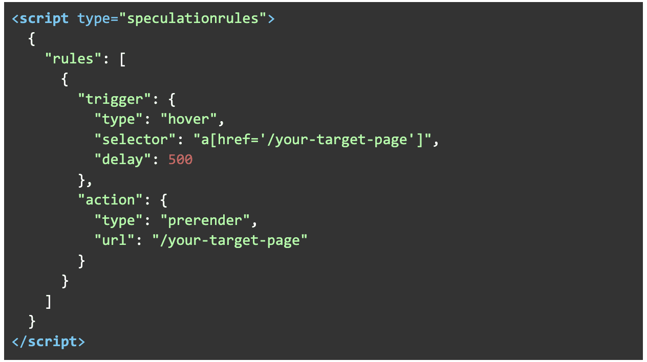 Speculation Rules config for prerender on hover with 500ms delay