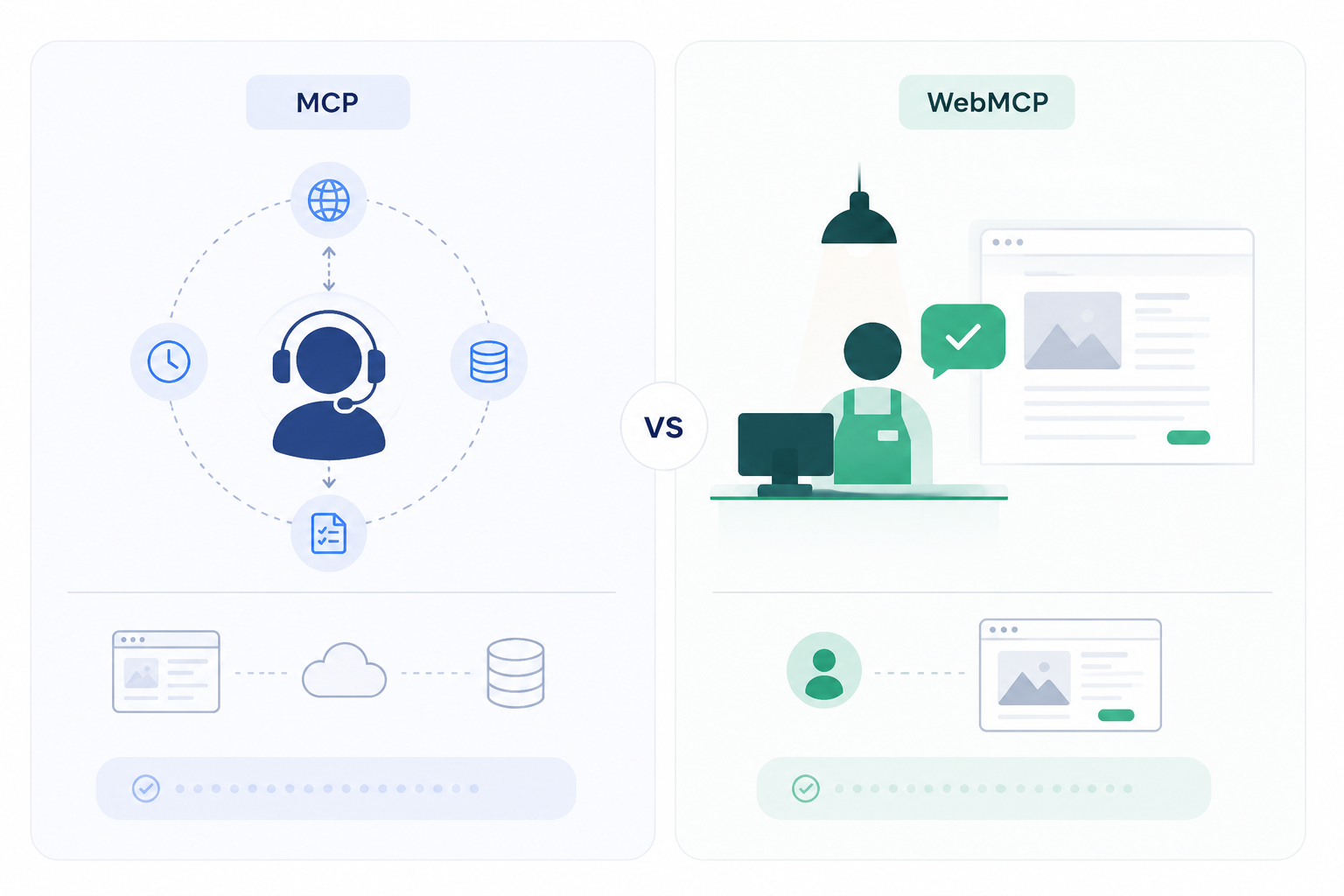 Diagram comparing MCP as a call center to WebMCP as an in-store expert