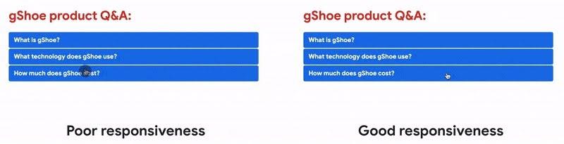 Side-by-side comparison of poor versus good responsiveness on gShoe Q&A buttons, showing delayed versus instant click feedback