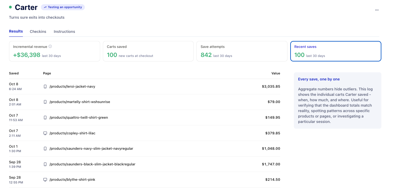 Carter Recent Saves log listing each saved cart with date, product page and value