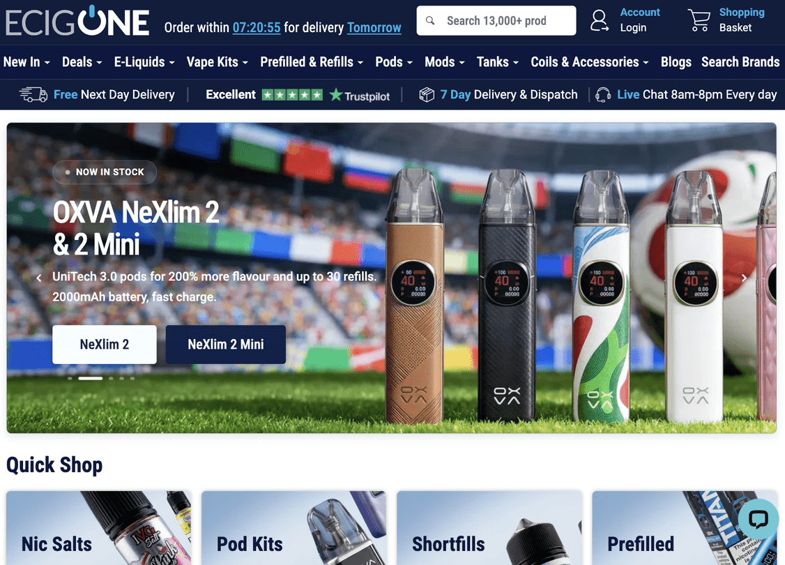 Ecigone Shopify store homepage showing vape products