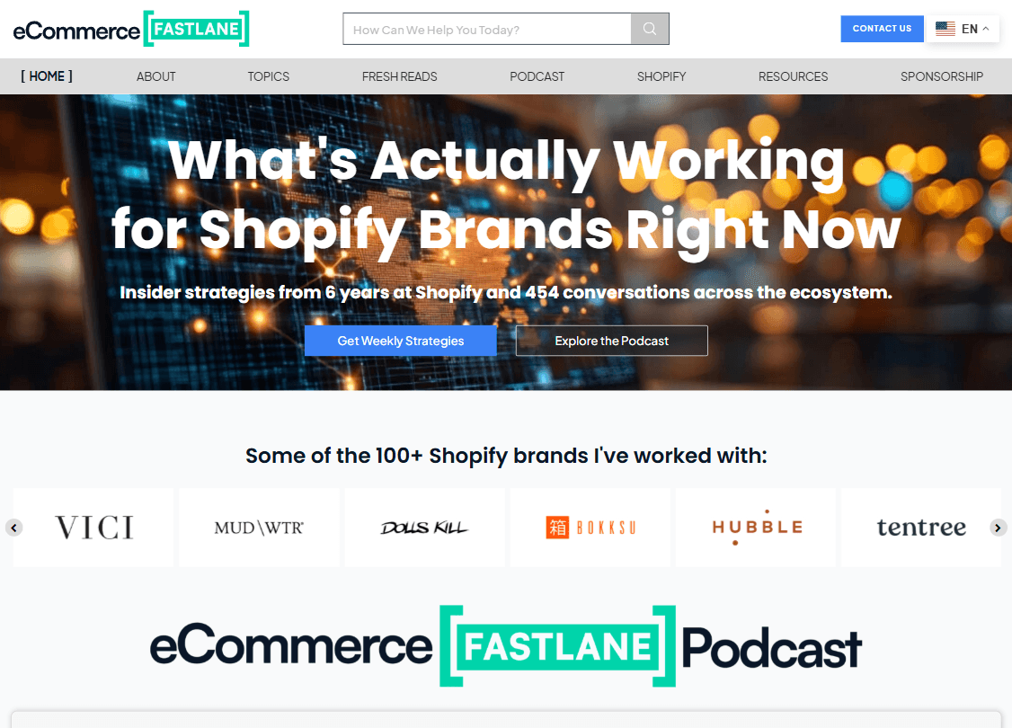 eCommerce Fastlane homepage - Shopify growth publication