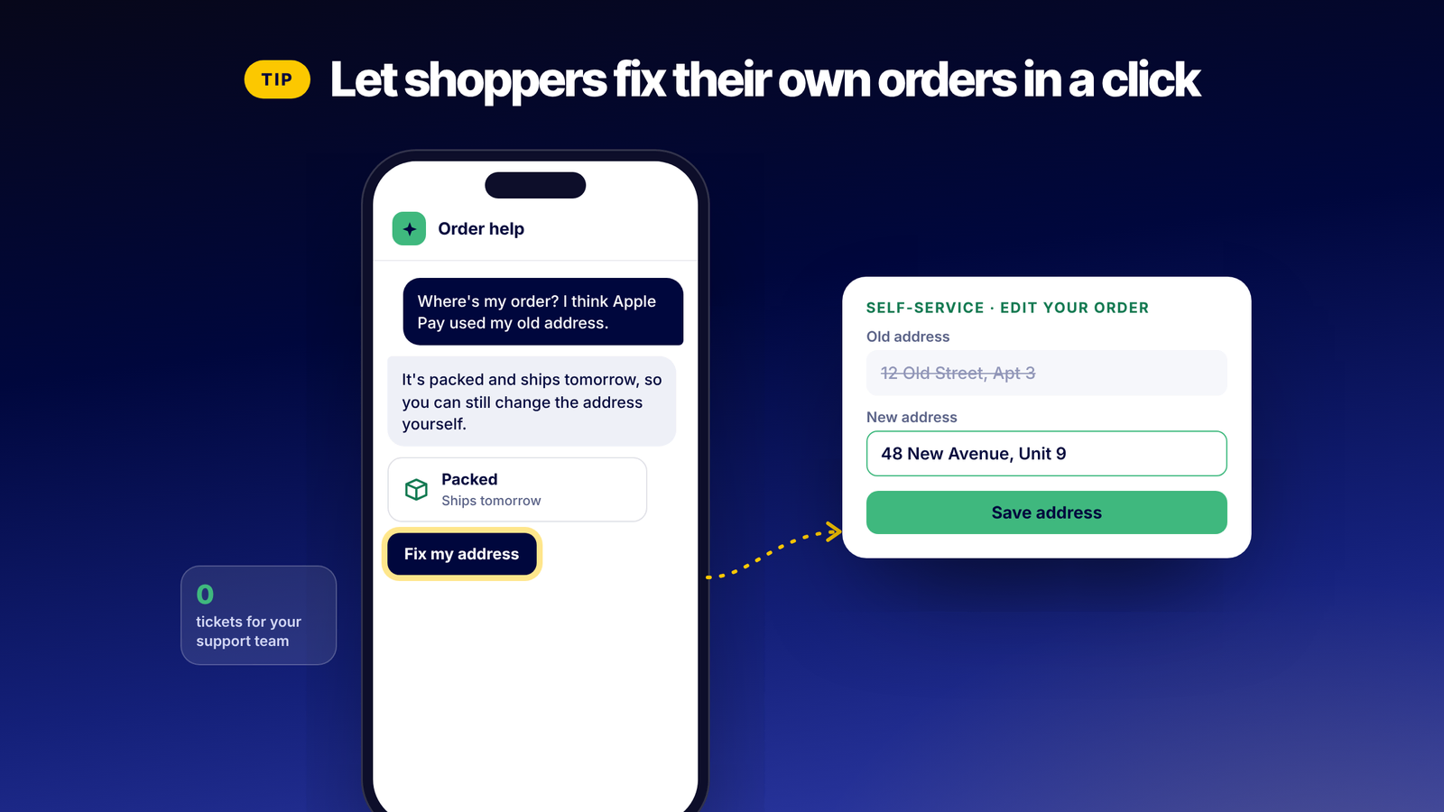 Order help chat lets a shopper fix their own shipping address without a ticket