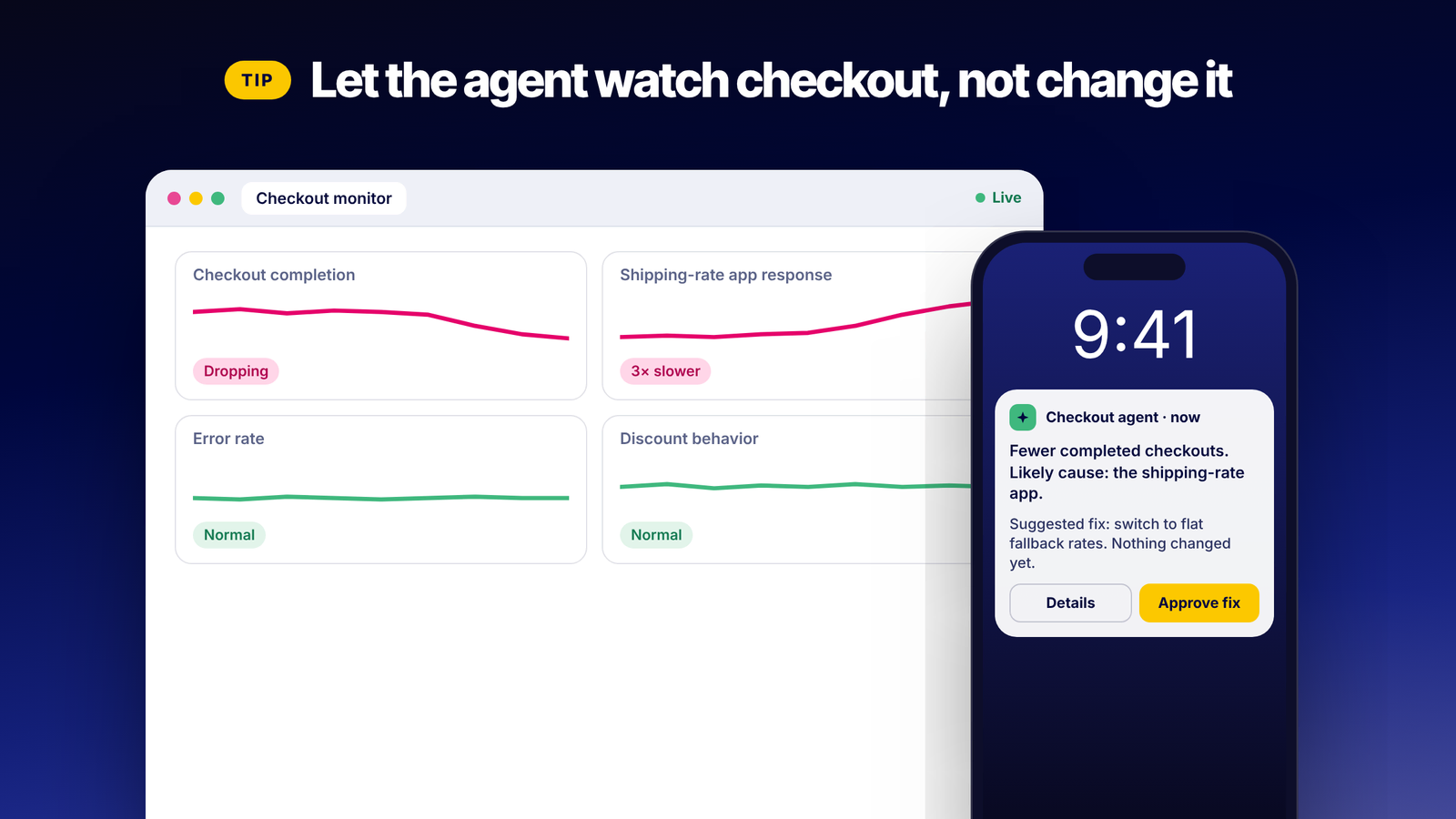 Checkout monitor flags dropping completions and suggests a fix that waits for approval